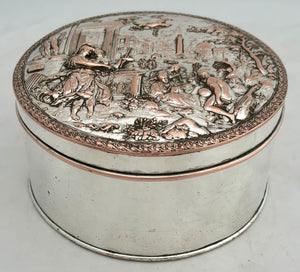 Silver Plate on Copper Biscuit Box with Neoclassical Relief Detail Cover.