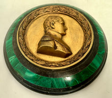 Napoleon Bonaparte Gilt Metal Portrait Profile Medallion, Malachite and Ashford Black Marble Desk Weight.
