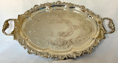 Mid 20th Century Twin Handled Ornate Silver Plate on Copper Serving Tray.