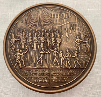 French Bronzed Metal & Bois Durci Snuff Box Depicting Guards at Versailles, circa 1840.