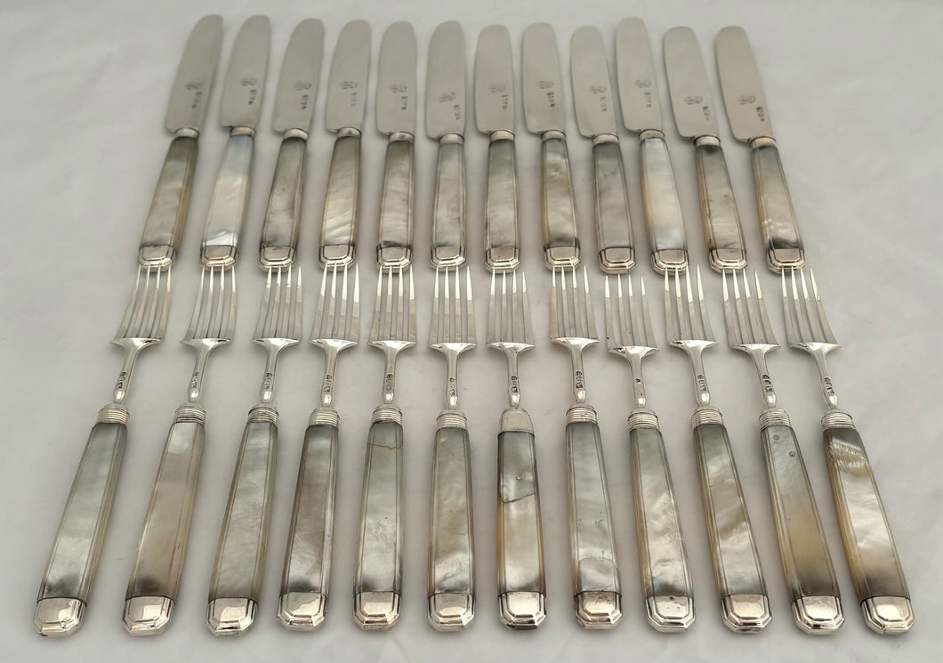 Georgian, George III, Silver & Mother of Pearl Dessert Knives & Forks for Twelve. Sheffield 1819 James Crawshaw.