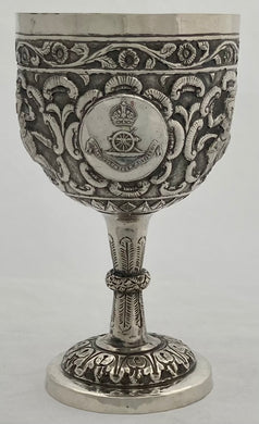 Indian Colonial White Metal Goblet, Insignia of the Bombay Volunteer Artillery, circa 1912. 3.4 troy ounces.