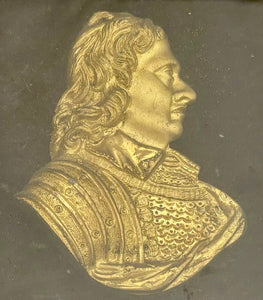 Oliver Cromwell, Lord Protector, Gilt Metal Bust in Armour Within an Ornate Black Frame.