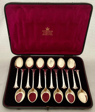Victorian Cased Set of Twelve Gilded Ice Cream Spades. Mappin & Webb, circa 1887.