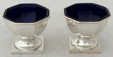 George V Cased Pair of Octagonal Silver Salts & Spoons. Birmingham 1918, S W Smith & Co. 3.6 troy ounces.