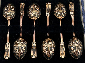Cased Set of Imperial Russian Style Enamel & Gilt Metal Coffee Spoons.