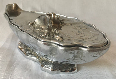 French Silver Plated Oyster Shell Mignonette Sauce Dish & Cover. Signed M. Gouaille.