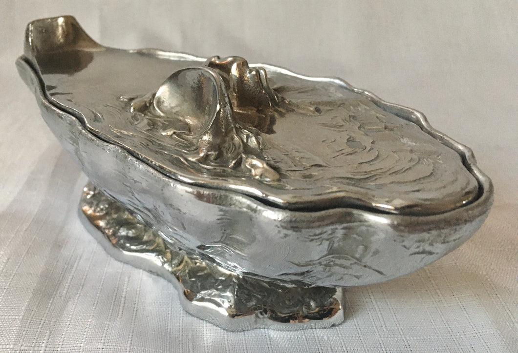 French Silver Plated Oyster Shell Mignonette Sauce Dish & Cover. Signed M. Gouaille.