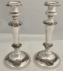 Early Victorian Pair of Old Sheffield Plate Candlesticks, circa 1840 - 1850.