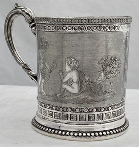 Late Victorian Silver Plated Christening Mug Detailed with Putti, circa 1870 - 1900.