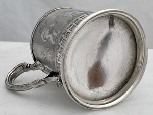 Late Victorian Silver Plated Christening Mug Detailed with Putti, circa 1870 - 1900.
