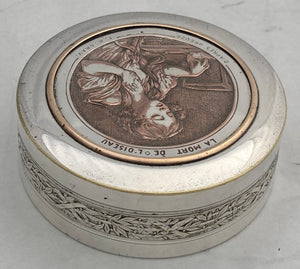 French Silvered Circular Table Snuff Box Engraved with 'La Mort de L'Oiseau', after Jean-Baptiste Greuze. Circa 1900.