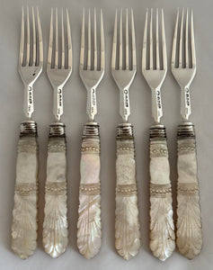 William IV Silver & Carved Mother of Pearl Dessert Knives and Forks for Six. Sheffield 1836 Atkin & Oxley.