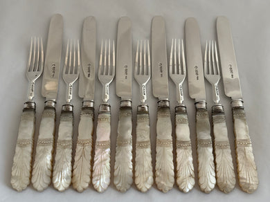 William IV Silver & Carved Mother of Pearl Dessert Knives and Forks for Six. Sheffield 1836 Atkin & Oxley.
