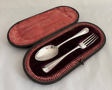 Edwardian Cased Silver Christening Spoon & Fork. London 1908 Josiah Williams & Co. 2.1 troy ounces.