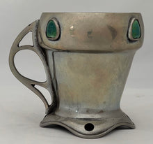 Arts & Crafts Pewter and Ruskin Cabochon Set Mug with Open Teardrop Whiplash Handle.