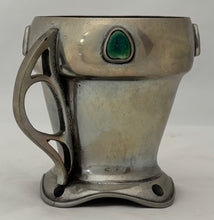 Arts & Crafts Pewter and Ruskin Cabochon Set Mug with Open Teardrop Whiplash Handle.