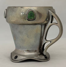Arts & Crafts Pewter and Ruskin Cabochon Set Mug with Open Teardrop Whiplash Handle.