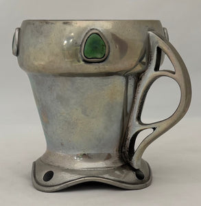 Arts & Crafts Pewter and Ruskin Cabochon Set Mug with Open Teardrop Whiplash Handle.