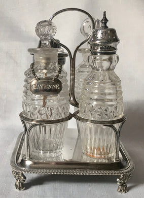 Georgian, George III, Silver Cruet Stand & Later Silver Mounted Bottles. 4.9 troy ounces.