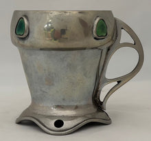 Arts & Crafts Pewter and Ruskin Cabochon Set Mug with Open Teardrop Whiplash Handle.