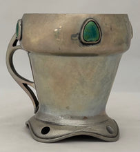 Arts & Crafts Pewter and Ruskin Cabochon Set Mug with Open Teardrop Whiplash Handle.
