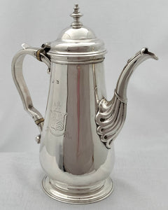 Georgian, George II, Silver Armorial Coffee Pot. London 1752 William Shaw & William Priest. 19.6 troy ounces.