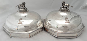 George III Pair of Octagonal Old Sheffield Plate Dish Covers with Silver Lion & Coronet Finials & Crests for Earls Talbot / Shrewsbury.