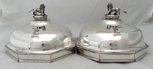 George III Pair of Octagonal Old Sheffield Plate Dish Covers with Silver Lion & Coronet Finials & Crests for Earls Talbot / Shrewsbury.
