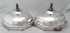 George III Pair of Octagonal Old Sheffield Plate Dish Covers with Silver Lion & Coronet Finials & Crests for Earls Talbot / Shrewsbury.