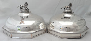 George III Pair of Octagonal Old Sheffield Plate Dish Covers with Silver Lion & Coronet Finials & Crests for Earls Talbot / Shrewsbury.