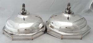 George III Pair of Octagonal Old Sheffield Plate Dish Covers with Silver Lion & Coronet Finials & Crests for Earls Talbot / Shrewsbury.