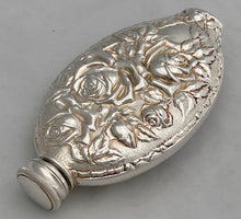 Silver Plated Oval Hip Flask with Repousse Foliate Detail. James Dixon & Sons, Sheffield.