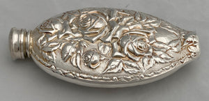 Silver Plated Oval Hip Flask with Repousse Foliate Detail. James Dixon & Sons, Sheffield.