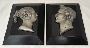 Queen Victoria and Prince Albert, a Pair of 19th Century Silvered Metal Portrait Profile Busts.