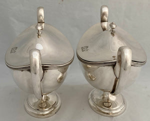 Victorian Pair of Neoclassical Silver Plated & Crested Sauce Tureens & Covers.