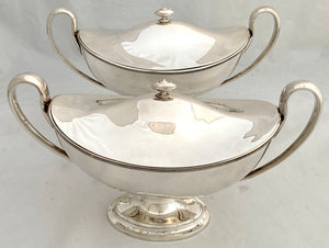 Victorian Pair of Neoclassical Silver Plated & Crested Sauce Tureens & Covers.