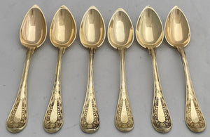 Six Early 19th Century French Silver Gilt Dessert Spoons. Cincinnatus Lorillon of Paris. 11.5 troy ounces.