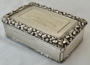 Lieutenant William Greet, Royal Navy, Silver Table Snuff Box. London 1845 Edward Edwards. 8.7 troy ounces.