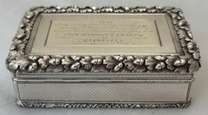 Lieutenant William Greet, Royal Navy, Silver Table Snuff Box. London 1845 Edward Edwards. 8.7 troy ounces.