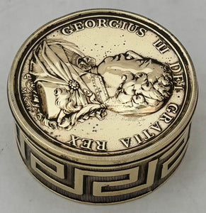 George III Golden Jubilee Portrait Profile Brass Snuff Box, circa 1810. After Nathaniel Marchant & Lewis Pingo.