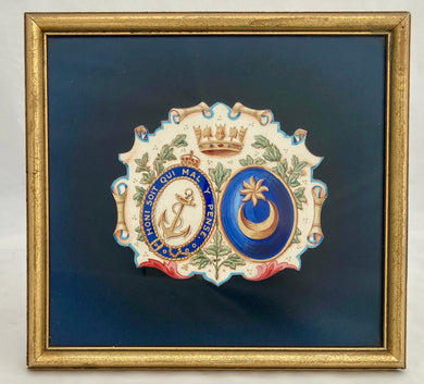 Framed Armorial Watercolour; Naval Coronet, Royal Navy Fouled Anchor & Crest of Portsmouth.