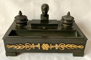 19th Century French Empire Style Ebonised Metalware Inkstand with Bust of Napoleon Bonaparte.