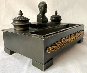 19th Century French Empire Style Ebonised Metalware Inkstand with Bust of Napoleon Bonaparte.