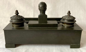 19th Century French Empire Style Ebonised Metalware Inkstand with Bust of Napoleon Bonaparte.