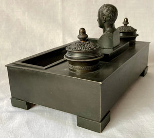 19th Century French Empire Style Ebonised Metalware Inkstand with Bust of Napoleon Bonaparte.