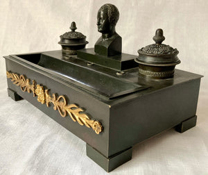 19th Century French Empire Style Ebonised Metalware Inkstand with Bust of Napoleon Bonaparte.