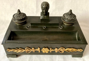 19th Century French Empire Style Ebonised Metalware Inkstand with Bust of Napoleon Bonaparte.