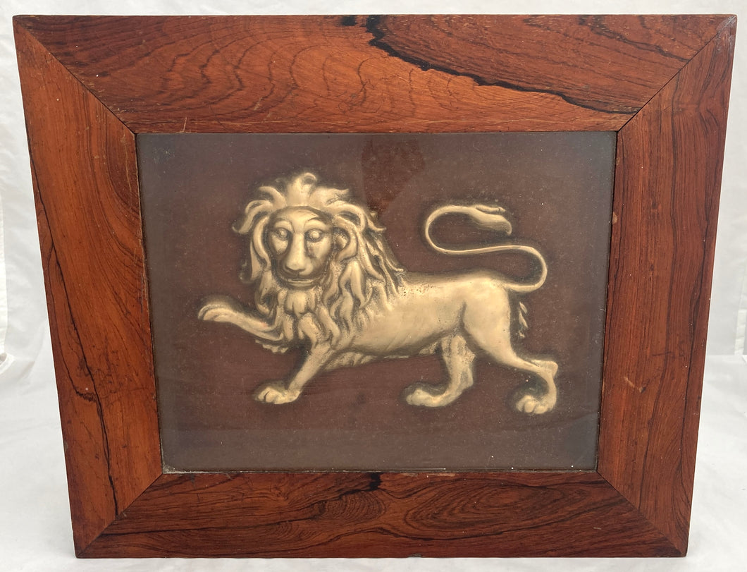 19th Century Framed & Glazed Gilt Metal Lion Plaque.