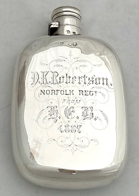 Victorian Norfolk Regiment Silver Hip Flask. London 1885 William Summers. 3.5 troy ounces.